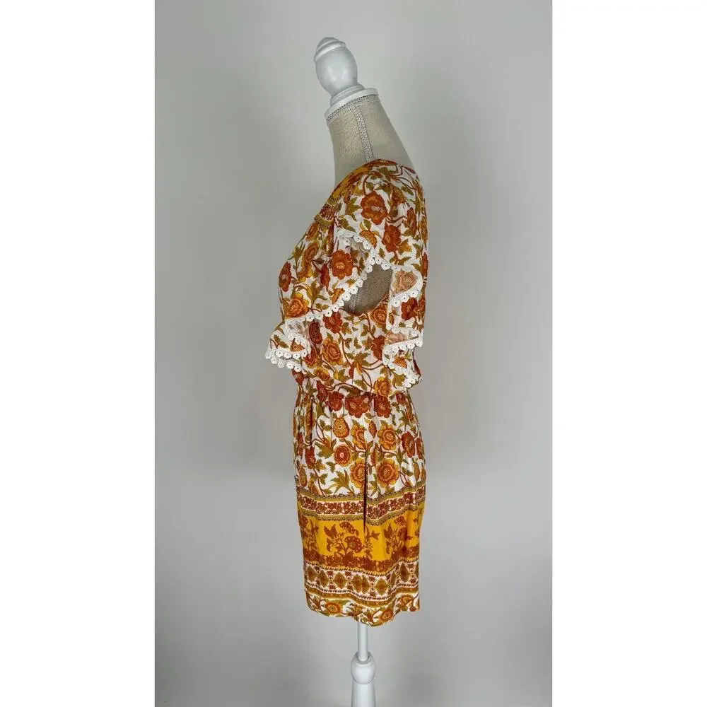 Entro Womens Orange Gold Floral Playsuit Romper Elastic Waist Size Small NWT